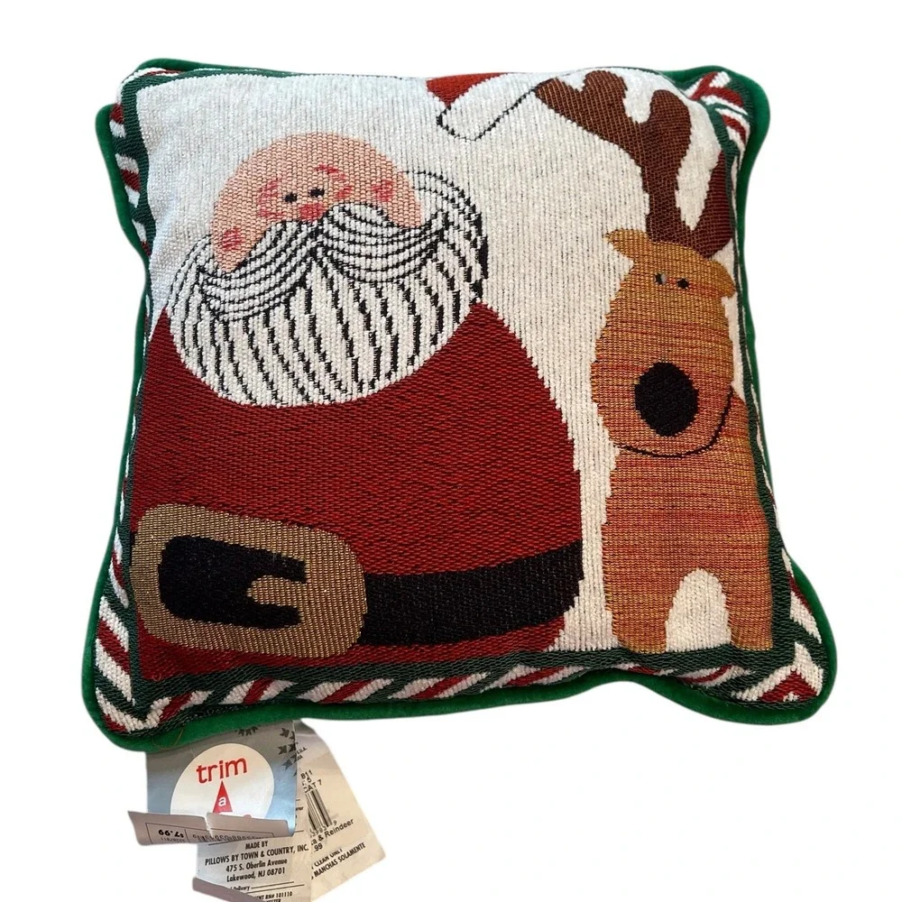 New Vintage Needlepoint Throw Pillow Christmas Holiday Santa Reindeer 12x12